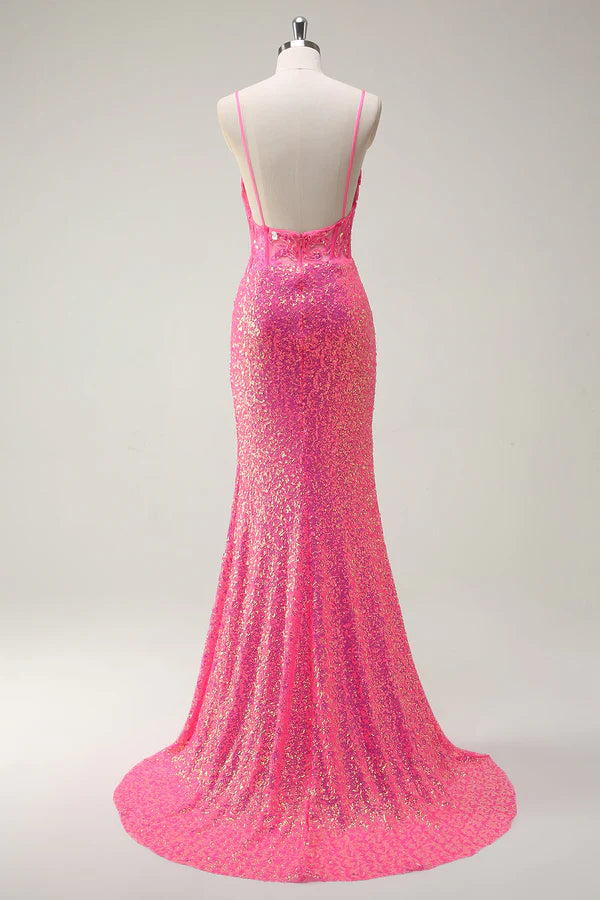 Sparkly Hot Pink Sequin Corset Mermaid Prom Dress with Slit simple gentle atmospheric and unique desi