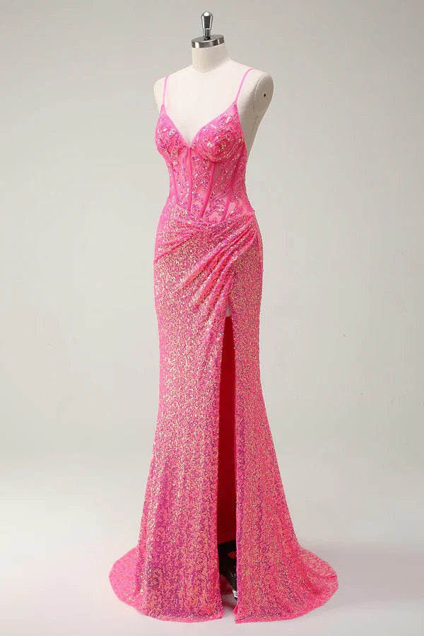 Sparkly Hot Pink Sequin Corset Mermaid Prom Dress with Slit simple gentle atmospheric and unique desi