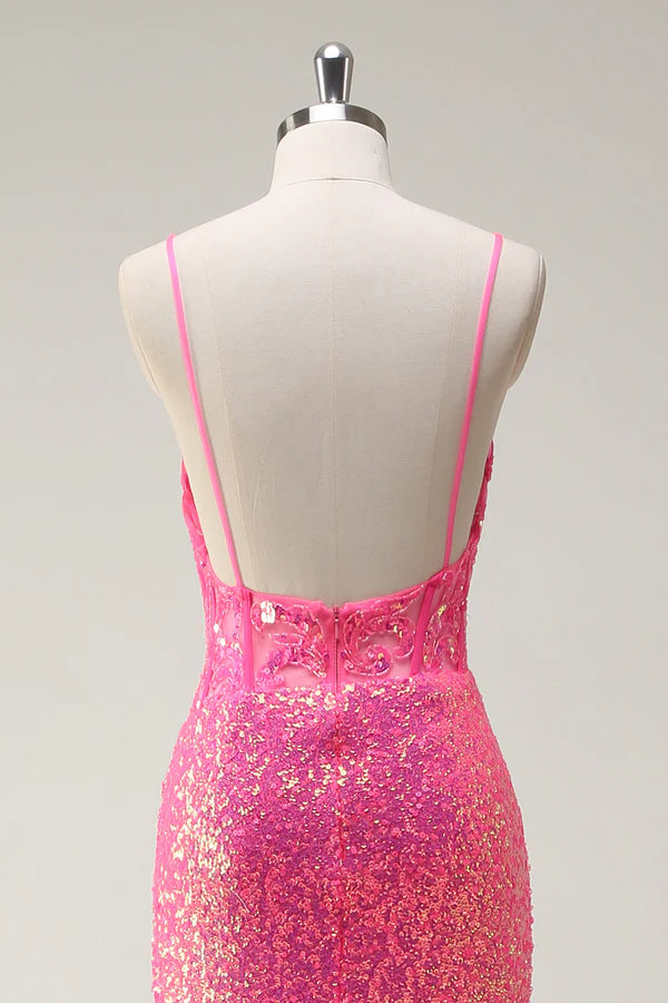Sparkly Hot Pink Sequin Corset Mermaid Prom Dress with Slit simple gentle atmospheric and unique desi