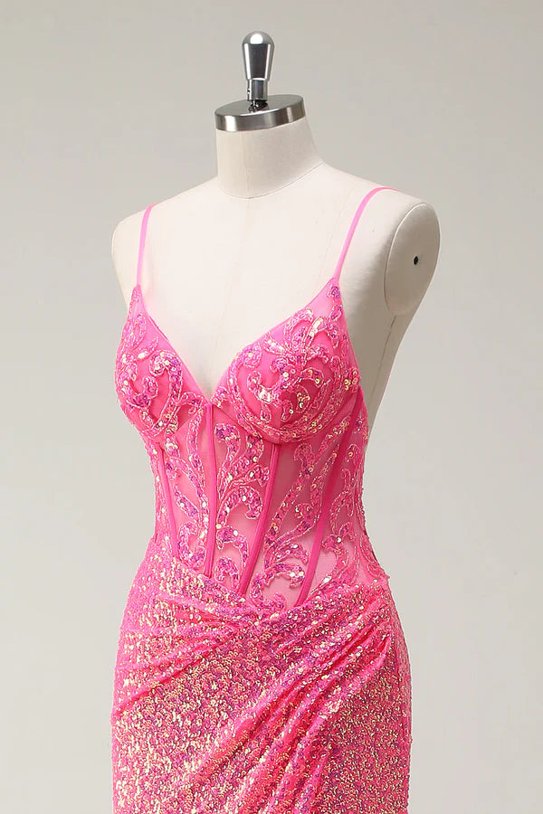 Sparkly Hot Pink Sequin Corset Mermaid Prom Dress with Slit simple gentle atmospheric and unique desi