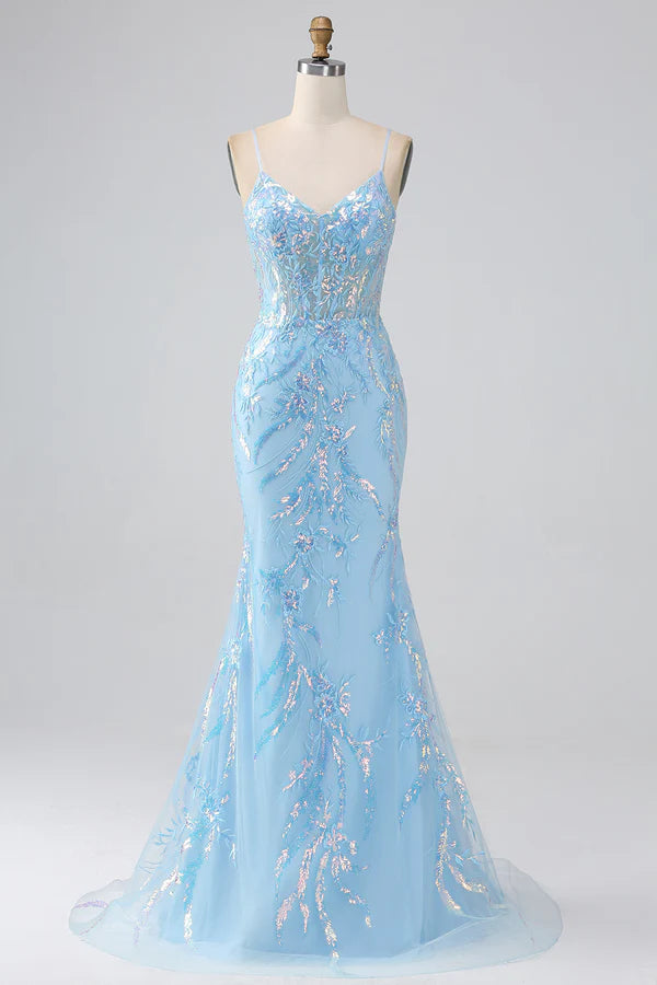 Sparkly Light Blue Mermaid Spaghetti Straps Long Prom Dress With Beading