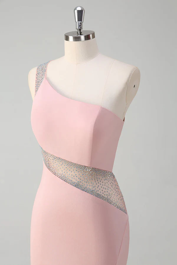 Sparkly Light Pink Mermaid One Shoulder Beaded Satin Long Prom Dress with Slit simple gentle atmospheric and unique desi