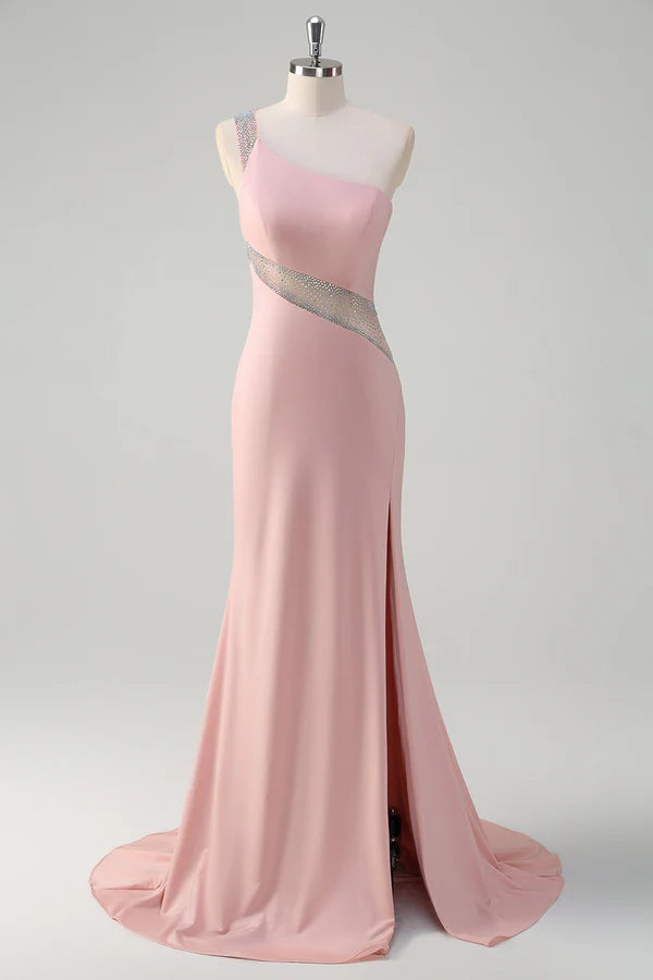 Sparkly Light Pink Mermaid One Shoulder Beaded Satin Long Prom Dress with Slit simple gentle atmospheric and unique desi