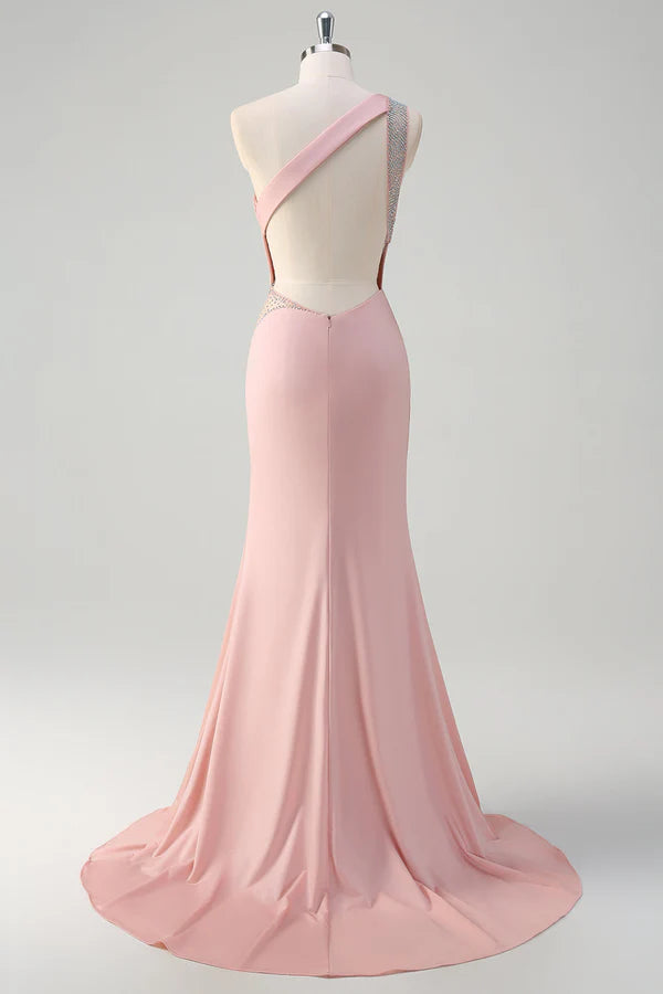 Sparkly Light Pink Mermaid One Shoulder Beaded Satin Long Prom Dress with Slit simple gentle atmospheric and unique desi