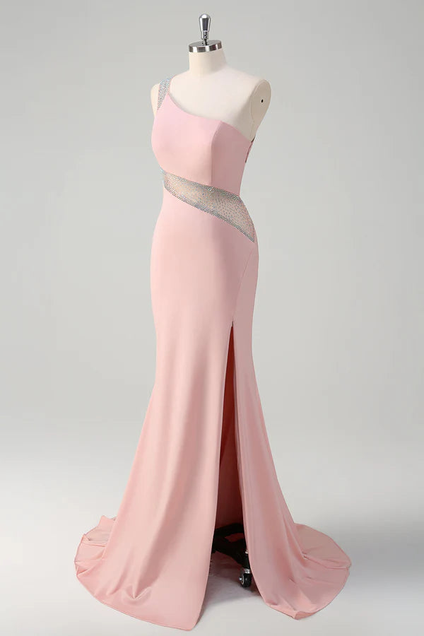 Sparkly Light Pink Mermaid One Shoulder Beaded Satin Long Prom Dress with Slit simple gentle atmospheric and unique desi