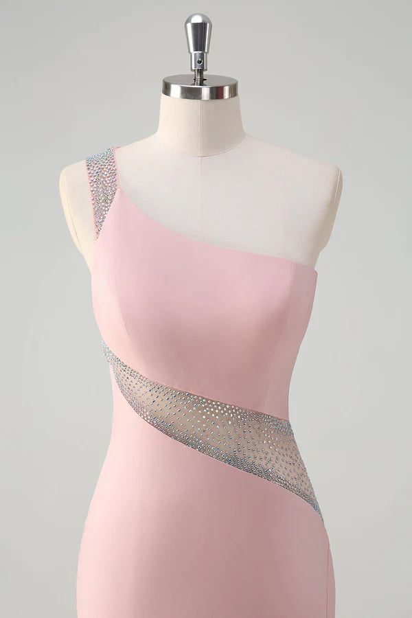 Sparkly Light Pink Mermaid One Shoulder Beaded Satin Long Prom Dress with Slit simple gentle atmospheric and unique desi