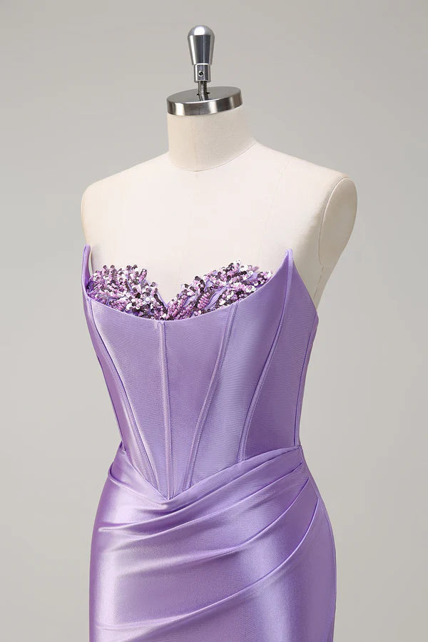 Sparkly Lilac Mermaid Strapless Corset Sequin Satin Long Prom Dress with Slit simple gentle atmospheric and unique desi