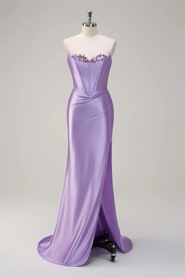 Sparkly Lilac Mermaid Strapless Corset Sequin Satin Long Prom Dress with Slit simple gentle atmospheric and unique desi