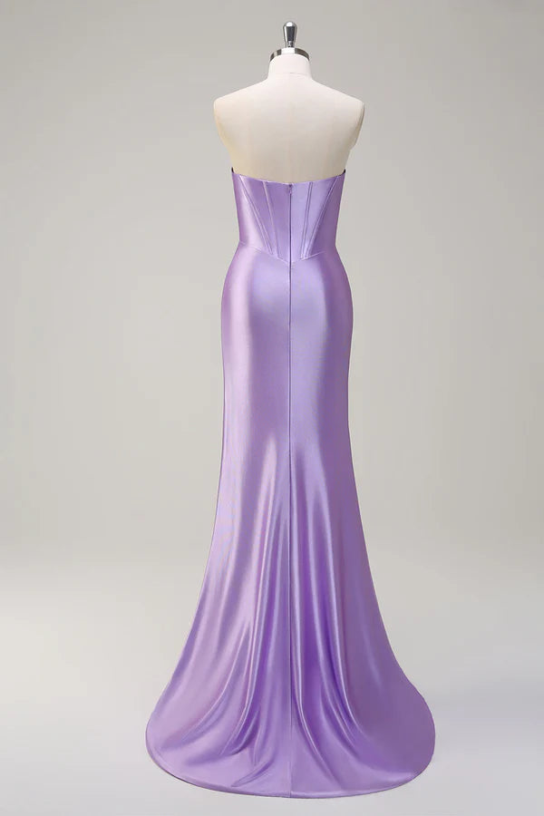 Sparkly Lilac Mermaid Strapless Corset Sequin Satin Long Prom Dress with Slit simple gentle atmospheric and unique desi