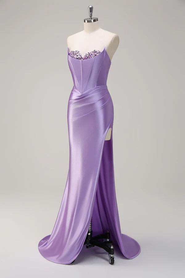 Sparkly Lilac Mermaid Strapless Corset Sequin Satin Long Prom Dress with Slit simple gentle atmospheric and unique desi
