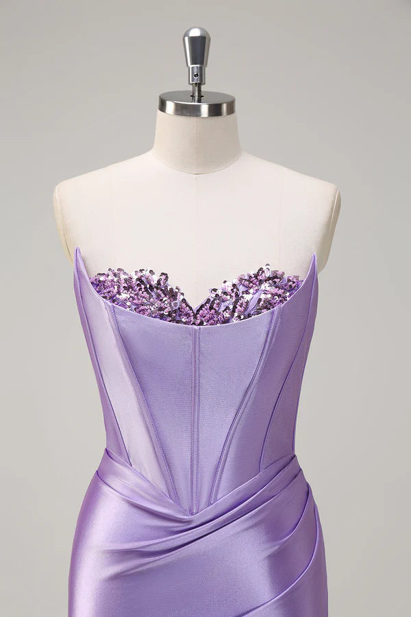 Sparkly Lilac Mermaid Strapless Corset Sequin Satin Long Prom Dress with Slit simple gentle atmospheric and unique desi