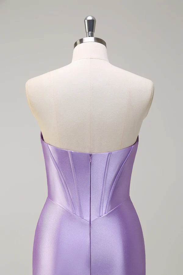 Sparkly Lilac Mermaid Strapless Corset Sequin Satin Long Prom Dress with Slit simple gentle atmospheric and unique desi