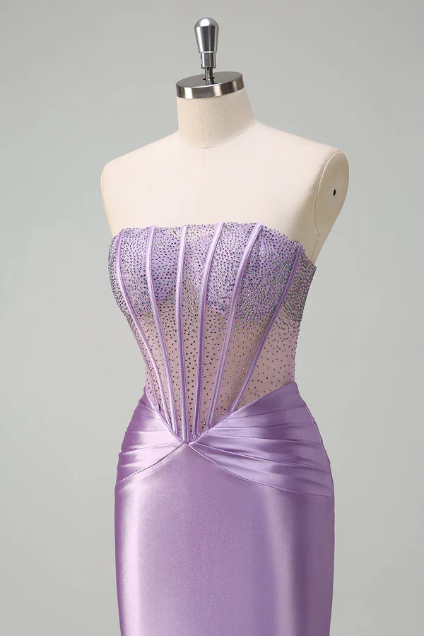 Sparkly Lilac Mermaid Strapless Sheer Corset Long Prom Dress with Beading simple gentle atmospheric and unique desi