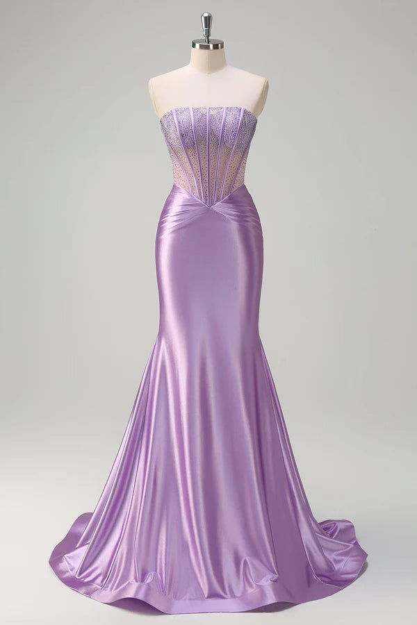 Sparkly Lilac Mermaid Strapless Sheer Corset Long Prom Dress with Beading simple gentle atmospheric and unique desi