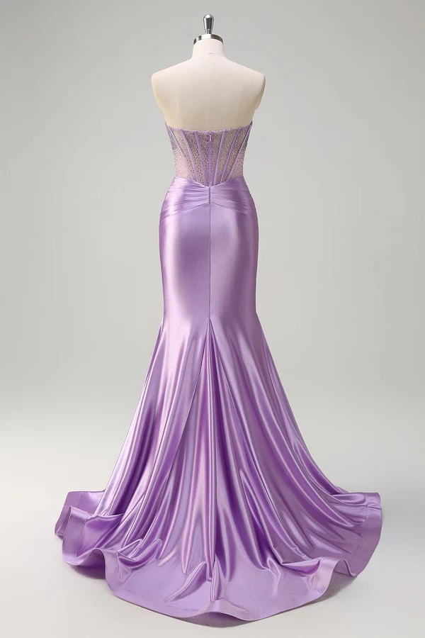 Sparkly Lilac Mermaid Strapless Sheer Corset Long Prom Dress with Beading simple gentle atmospheric and unique desi