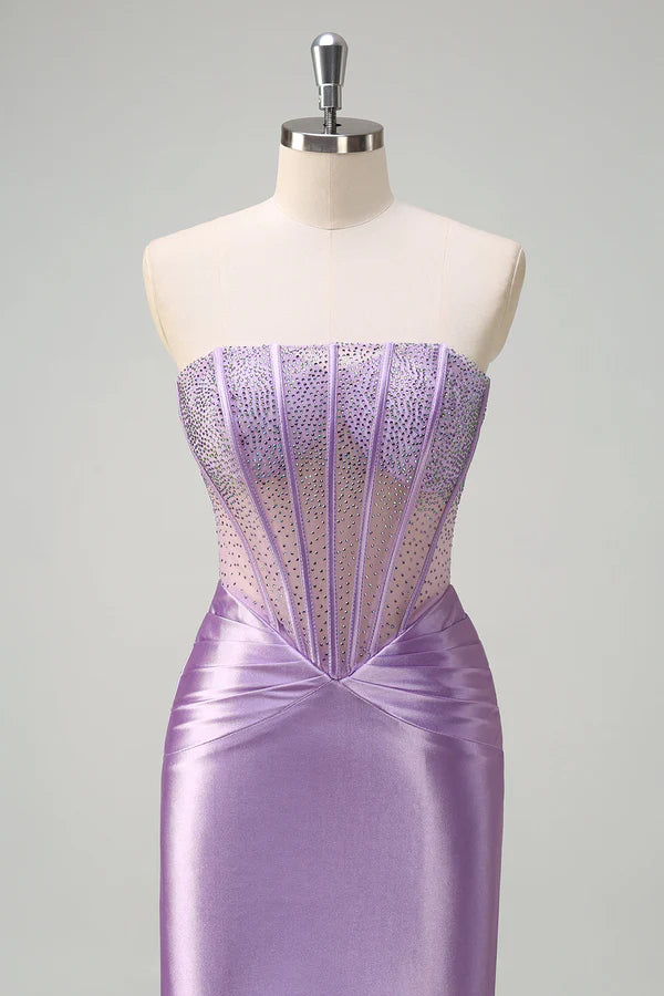 Sparkly Lilac Mermaid Strapless Sheer Corset Long Prom Dress with Beading simple gentle atmospheric and unique desi