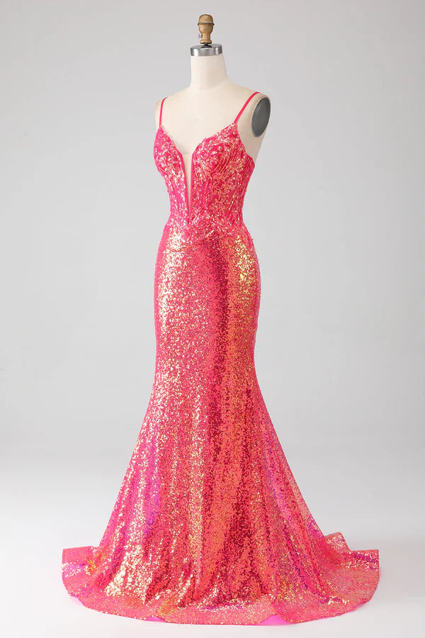 Sparkly Mermaid Fuchsia Prom Dress with Sequins simple gentle atmospheric and unique desig