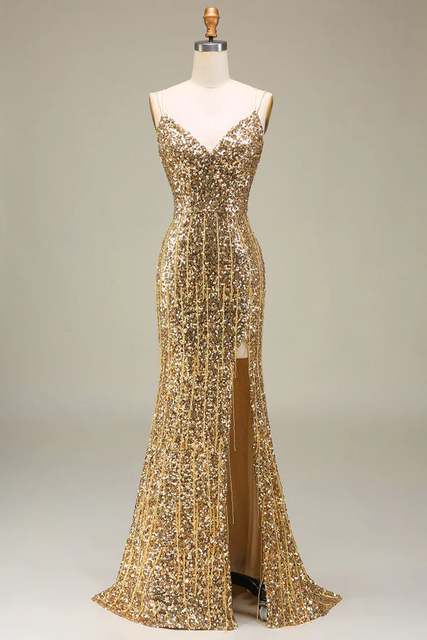 Sparkly Mermaid Golden Long Prom Dress with Slit Simple gentle atmospheric and unique desig