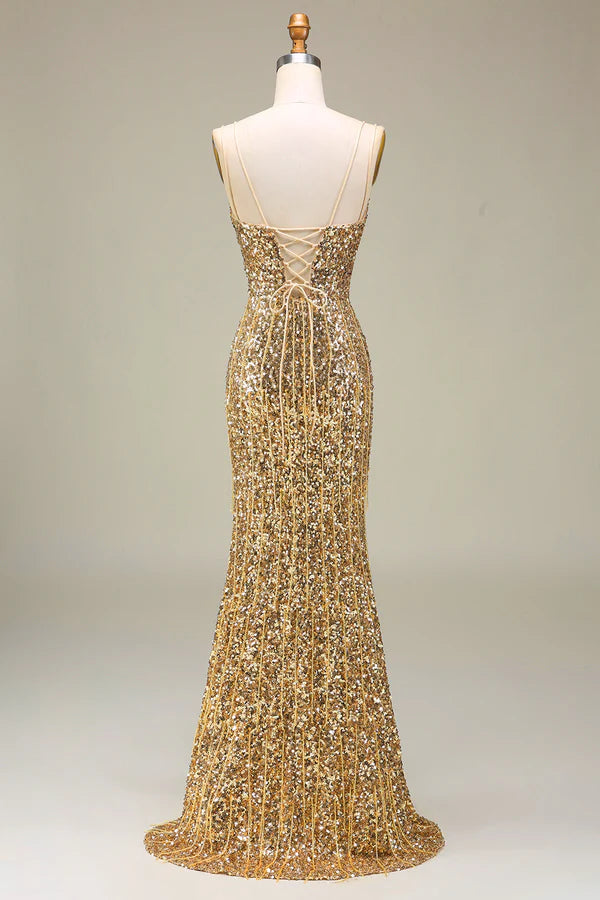 Sparkly Mermaid Golden Long Prom Dress with Slit Simple gentle atmospheric and unique desig