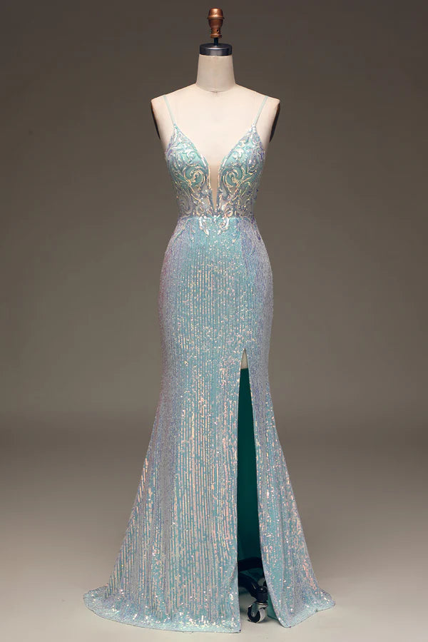 Sparkly Mermaid Grey Blue Prom Dress with Slit Simple gentle atmospheric and unique desig