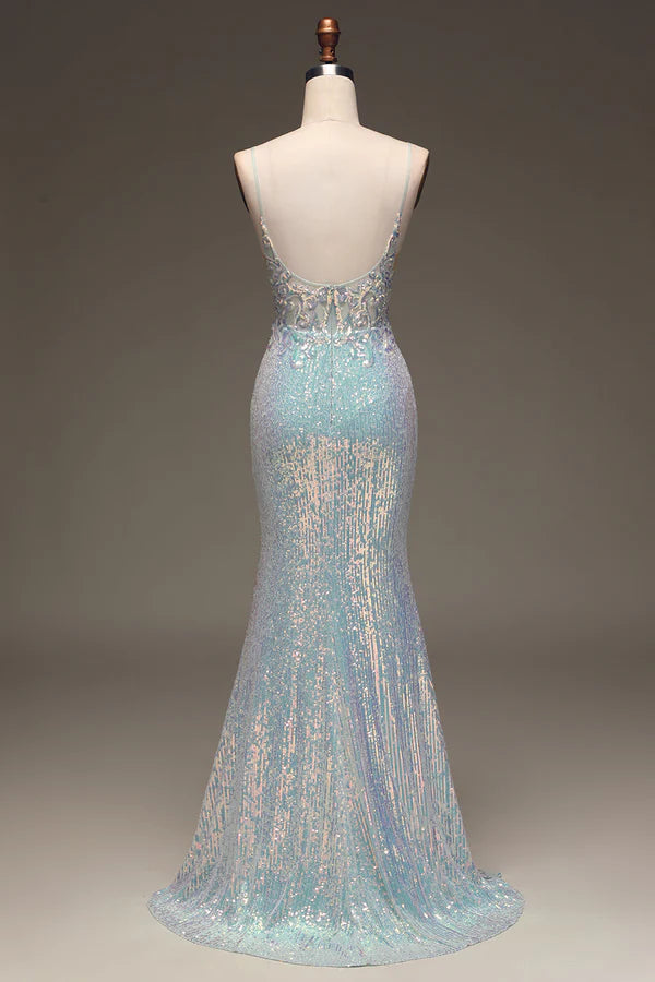 Sparkly Mermaid Grey Blue Prom Dress with Slit Simple gentle atmospheric and unique desig