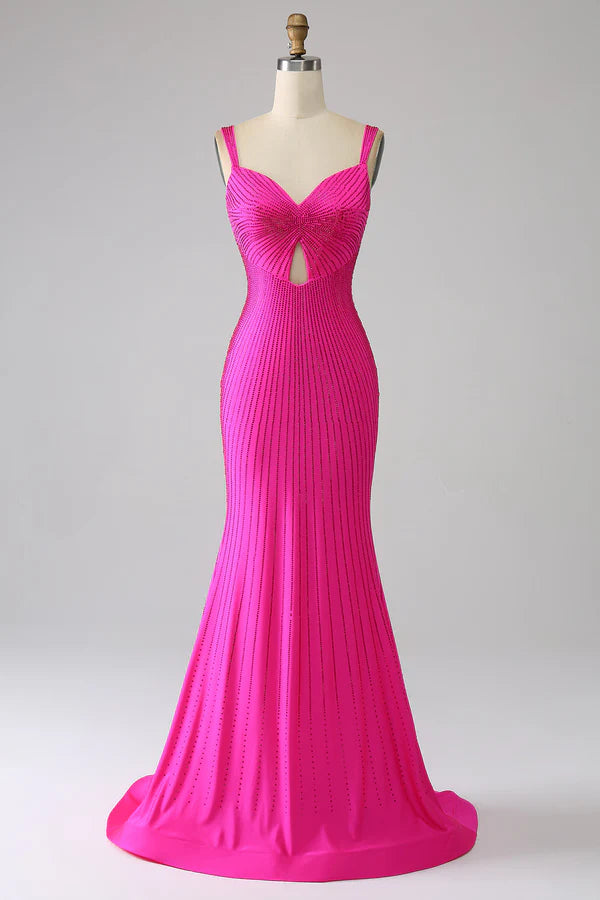 Sparkly Mermaid Hot Pink Prom Dress with Hollow-out simple gentle atmospheric and unique desi