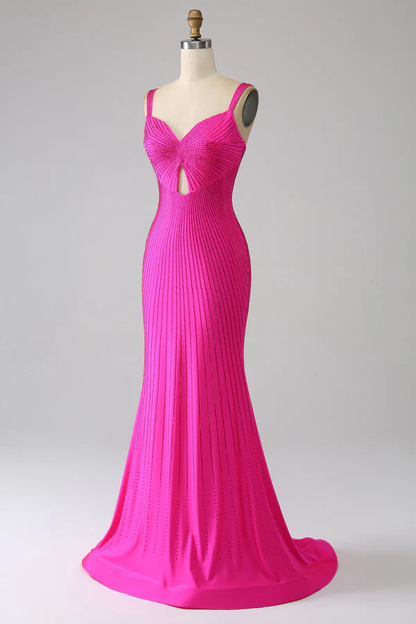 Sparkly Mermaid Hot Pink Prom Dress with Hollow-out simple gentle atmospheric and unique desi