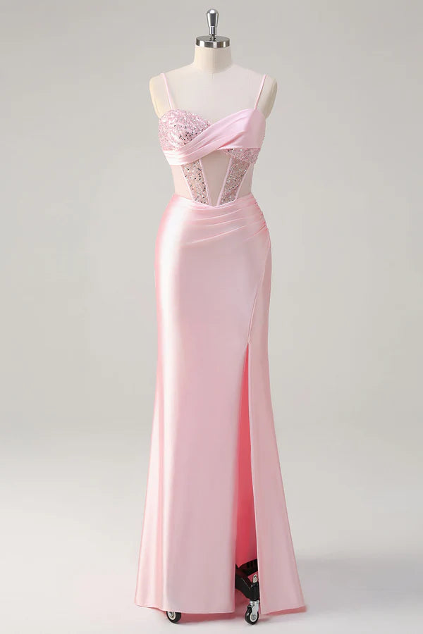 Sparkly Mermaid Pink Long Sequin Prom Dress with Slit simple gentle atmospheric and unique desi