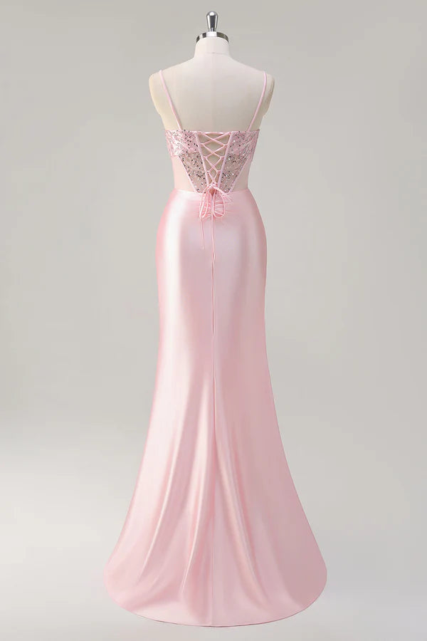 Sparkly Mermaid Pink Long Sequin Prom Dress with Slit simple gentle atmospheric and unique desi