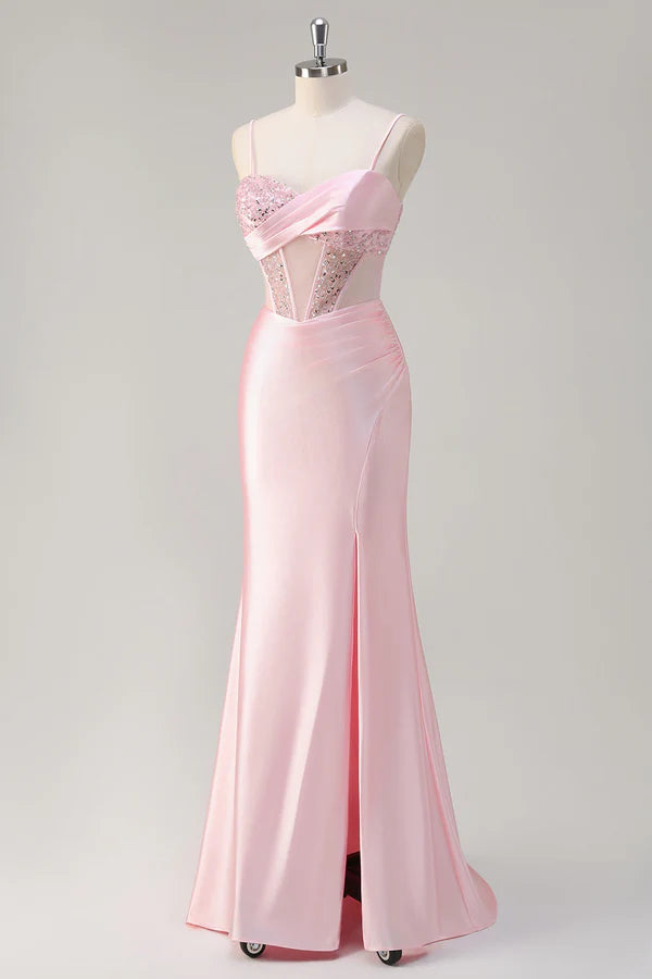 Sparkly Mermaid Pink Long Sequin Prom Dress with Slit simple gentle atmospheric and unique desi