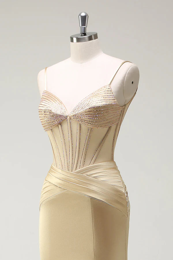 Sparkly Mermaid Spaghetti Straps Golden Corset Long Prom Dress with Slit simple gentle atmospheric and unique desi