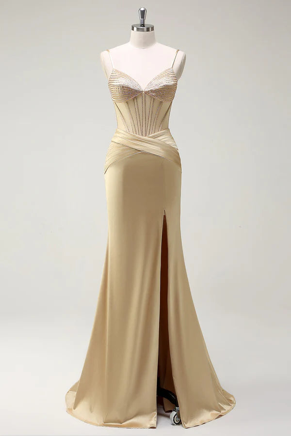 Sparkly Mermaid Spaghetti Straps Golden Corset Long Prom Dress with Slit simple gentle atmospheric and unique desi