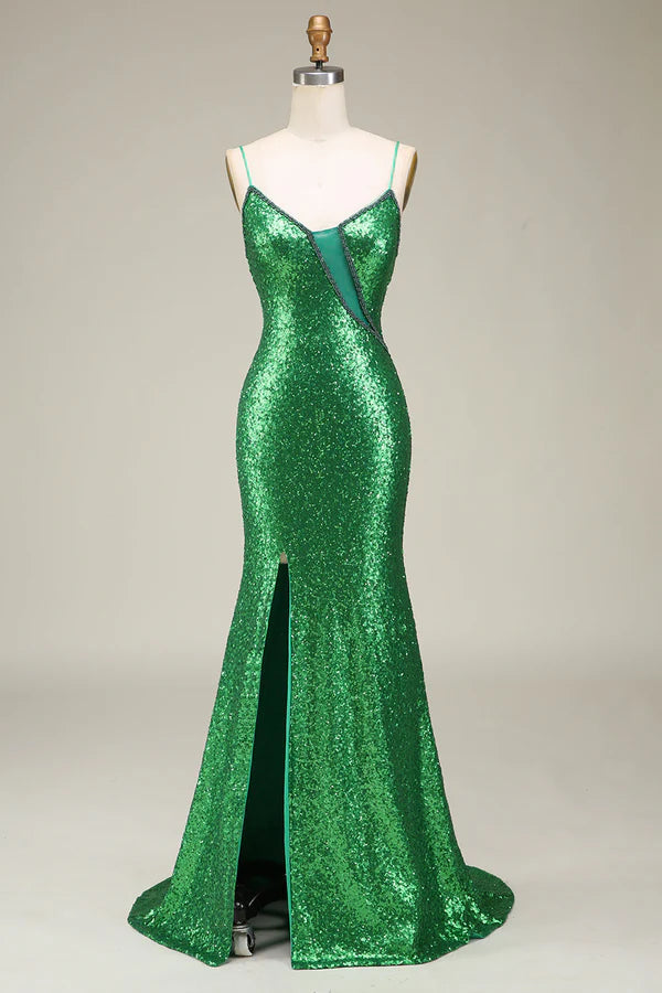 Sparkly Mermaid Spaghetti Straps Green Sequins Long Prom Dress with Split Front Simple gentle atmospheric and unique desig
