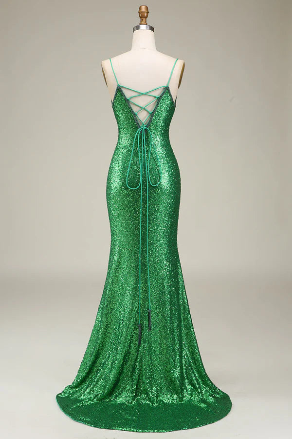 Sparkly Mermaid Spaghetti Straps Green Sequins Long Prom Dress with Split Front Simple gentle atmospheric and unique desig
