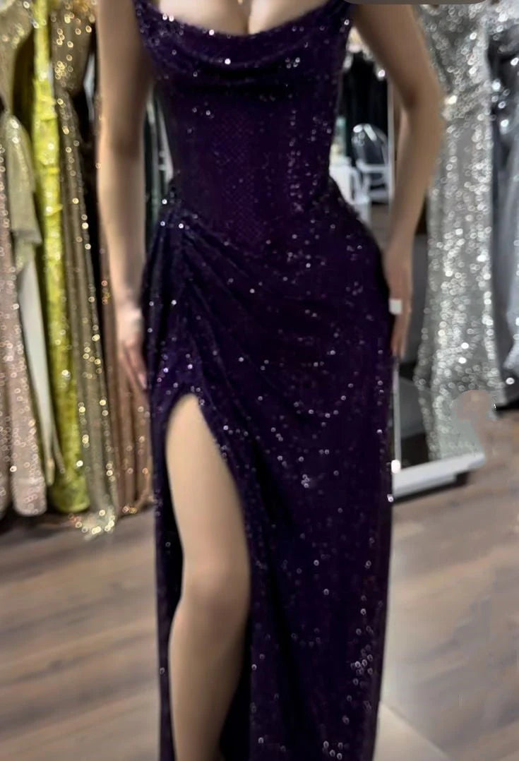 Sparkly Mermaid Strapless Grape Sequin Long Slit Evening Party Gowns Evening Dress Special Formal Dresses Prom Dress