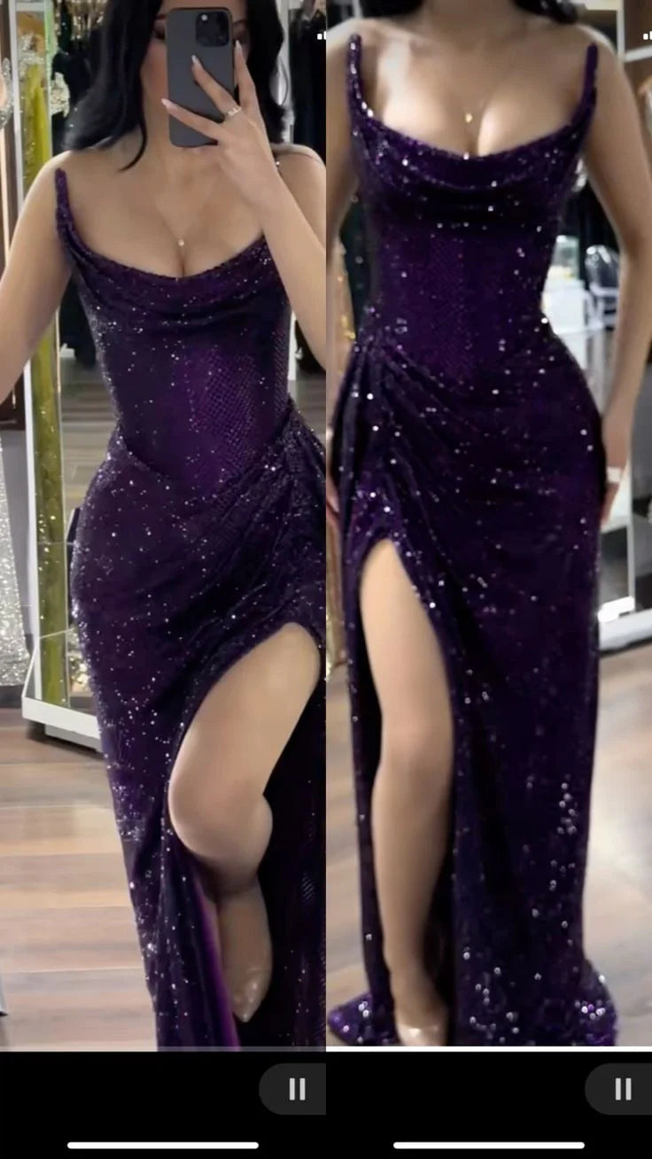 Sparkly Mermaid Strapless Grape Sequin Long Slit Evening Party Gowns Evening Dress Special Formal Dresses Prom Dress