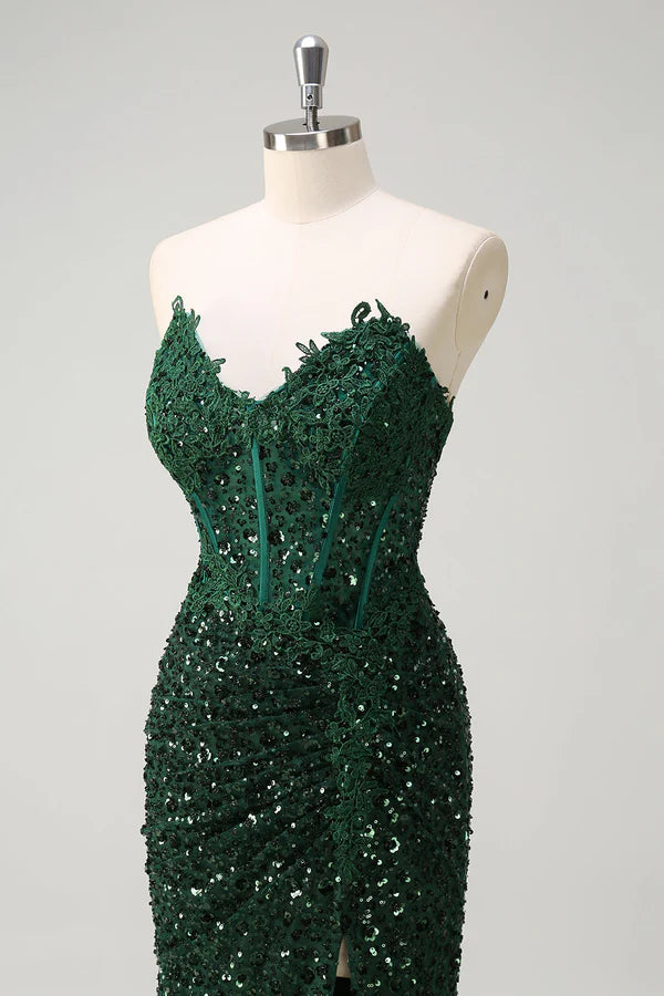 Sparkly Mermaid Sweetheart Dark Green Corset Sequins Lace Prom Dress with Slit simple gentle atmospheric and unique desi