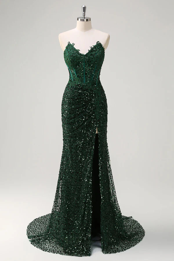 Sparkly Mermaid Sweetheart Dark Green Corset Sequins Lace Prom Dress with Slit simple gentle atmospheric and unique desi