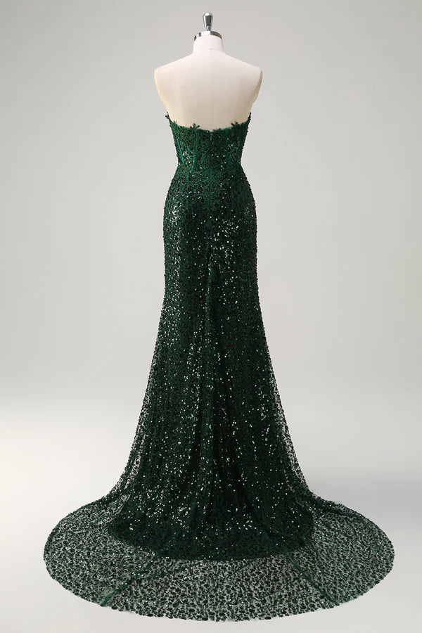 Sparkly Mermaid Sweetheart Dark Green Corset Sequins Lace Prom Dress with Slit simple gentle atmospheric and unique desi