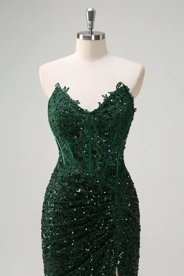 Sparkly Mermaid Sweetheart Dark Green Corset Sequins Lace Prom Dress with Slit simple gentle atmospheric and unique desi