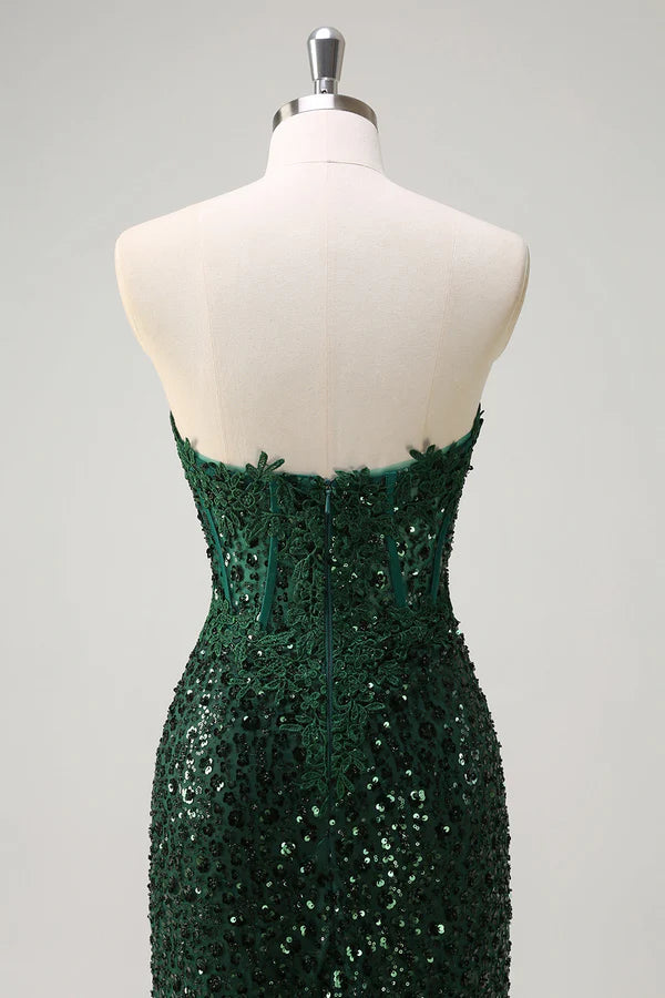 Sparkly Mermaid Sweetheart Dark Green Corset Sequins Lace Prom Dress with Slit simple gentle atmospheric and unique desi