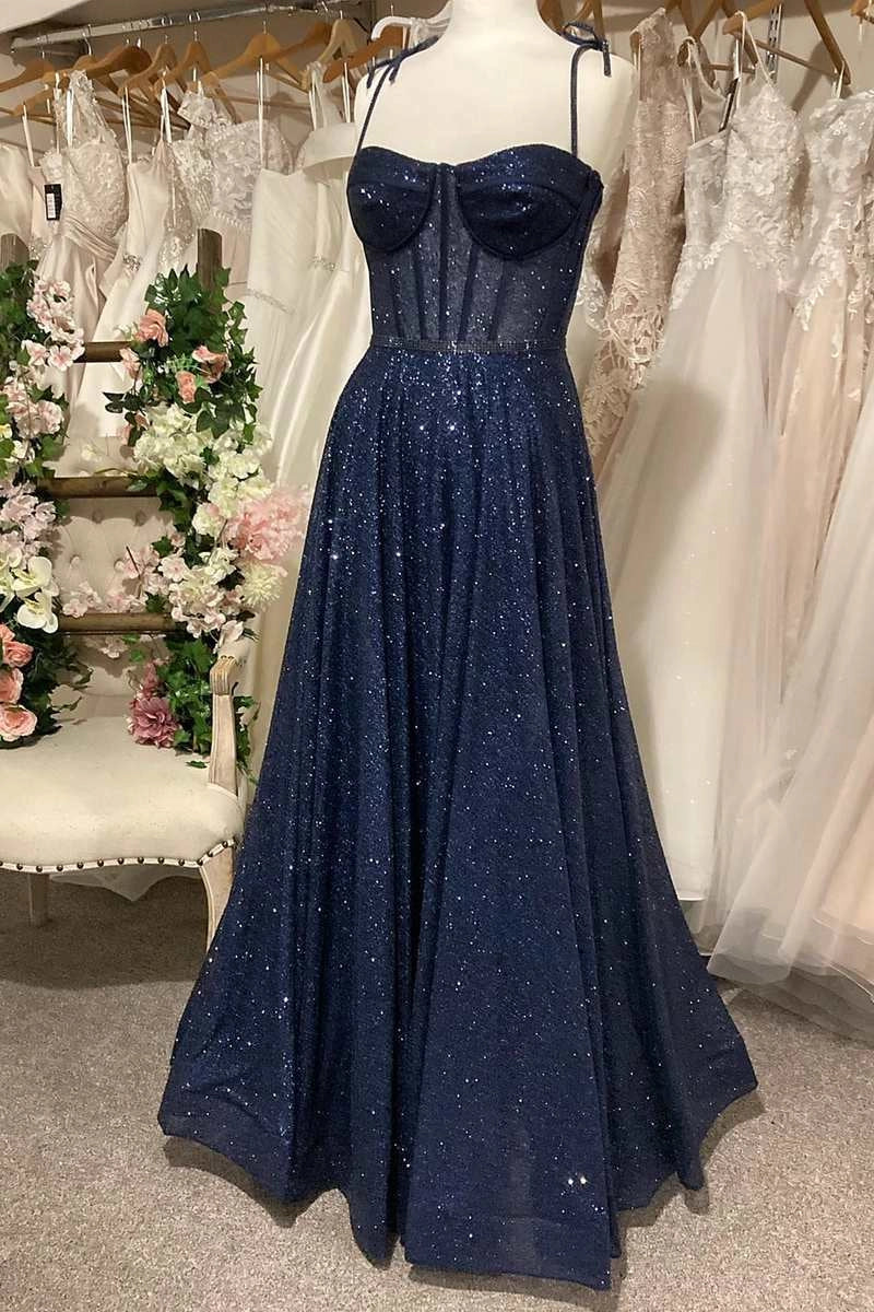 Sparkly Navy Blue Sequin Tie-Strap A-Line Prom Dresses Long simple gentle atmospheric and unique desi Bring summer colors to enhance whiteness ﻿