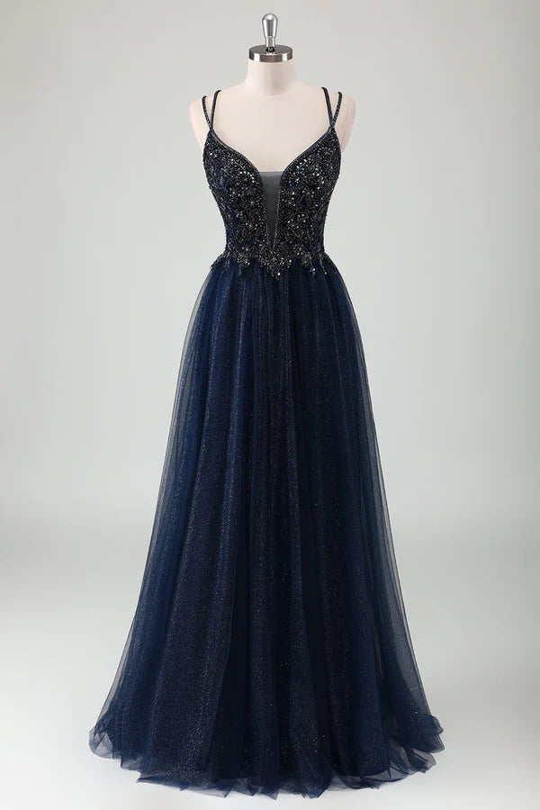 Sparkly Navy Spaghetti Straps A Line Long Prom Dress with Sequins simple gentle atmospheric and unique desi