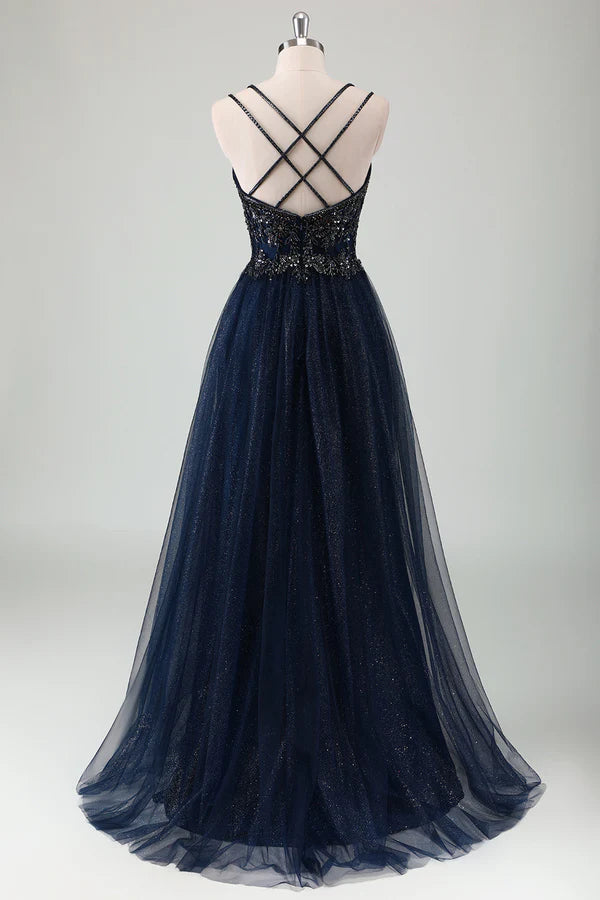 Sparkly Navy Spaghetti Straps A Line Long Prom Dress with Sequins simple gentle atmospheric and unique desi