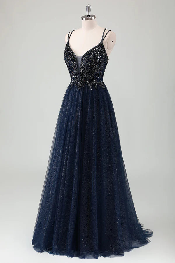 Sparkly Navy Spaghetti Straps A Line Long Prom Dress with Sequins simple gentle atmospheric and unique desi