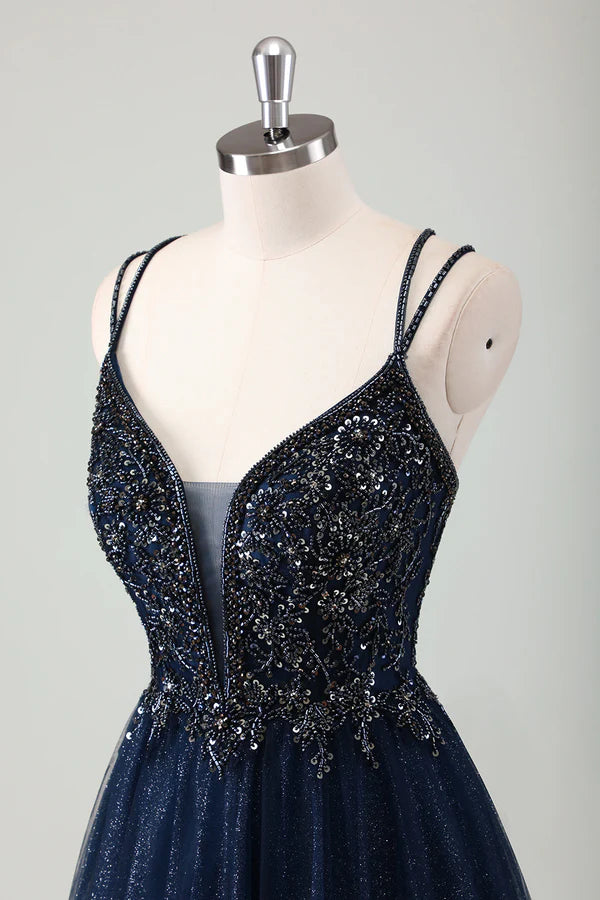 Sparkly Navy Spaghetti Straps A Line Long Prom Dress with Sequins simple gentle atmospheric and unique desi