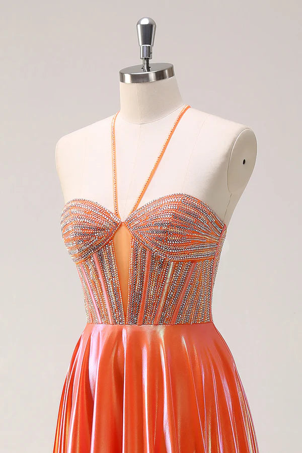 Sparkly Orange A-Line Halter Metallic Long Prom Dress with Beading simple gentle atmospheric and unique desi