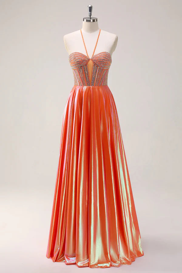 Sparkly Orange A-Line Halter Metallic Long Prom Dress with Beading simple gentle atmospheric and unique desi