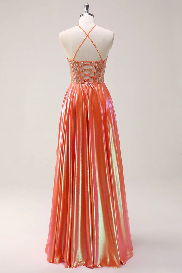 Sparkly Orange A-Line Halter Metallic Long Prom Dress with Beading simple gentle atmospheric and unique desi