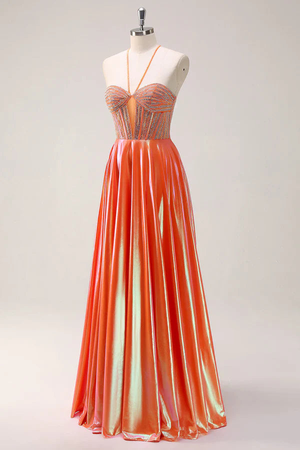 Sparkly Orange A-Line Halter Metallic Long Prom Dress with Beading simple gentle atmospheric and unique desi